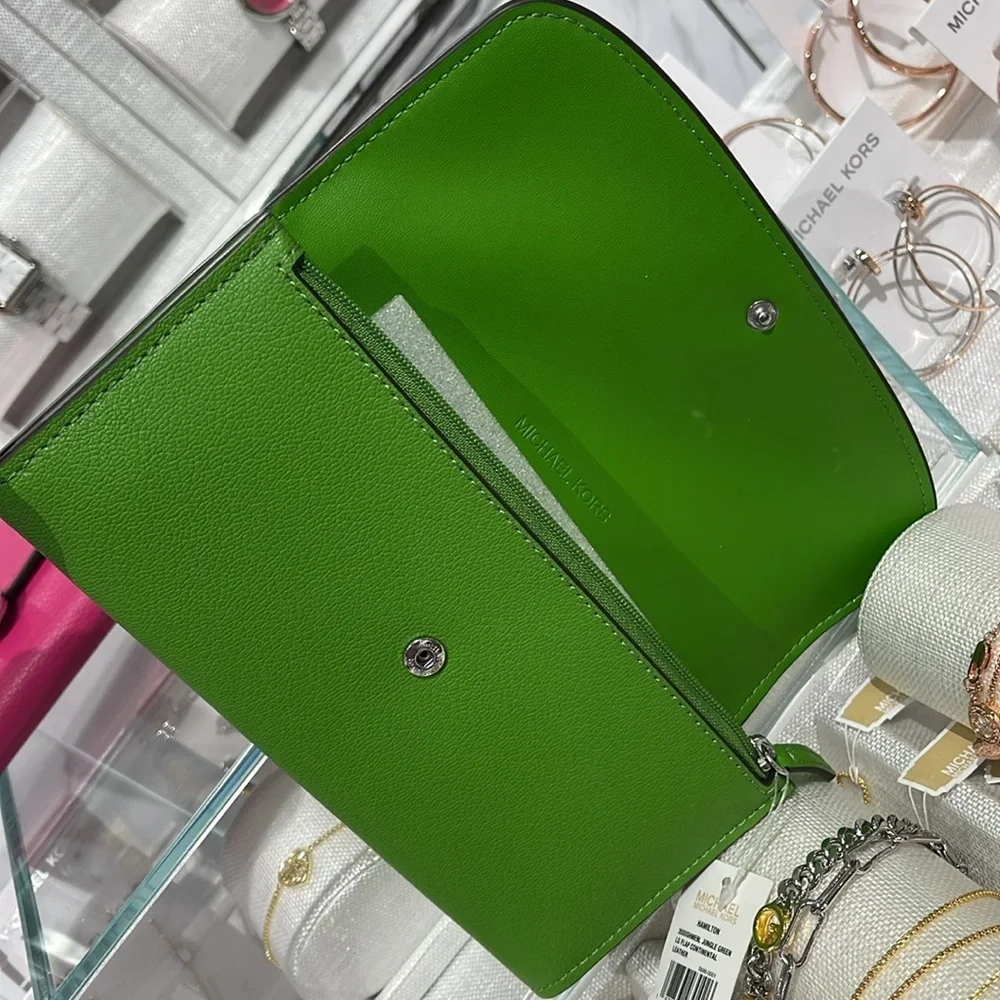 Michael Kors Hamilton Large Leather Flap Continental Wallet Jungle Green NWT